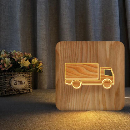 Children's Room LED Night Light – Car & Truck Lamp | Wooden Table Lights with Christmas Van & Excavator Model Decoration