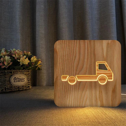 Children's Room LED Night Light – Car & Truck Lamp | Wooden Table Lights with Christmas Van & Excavator Model Decoration