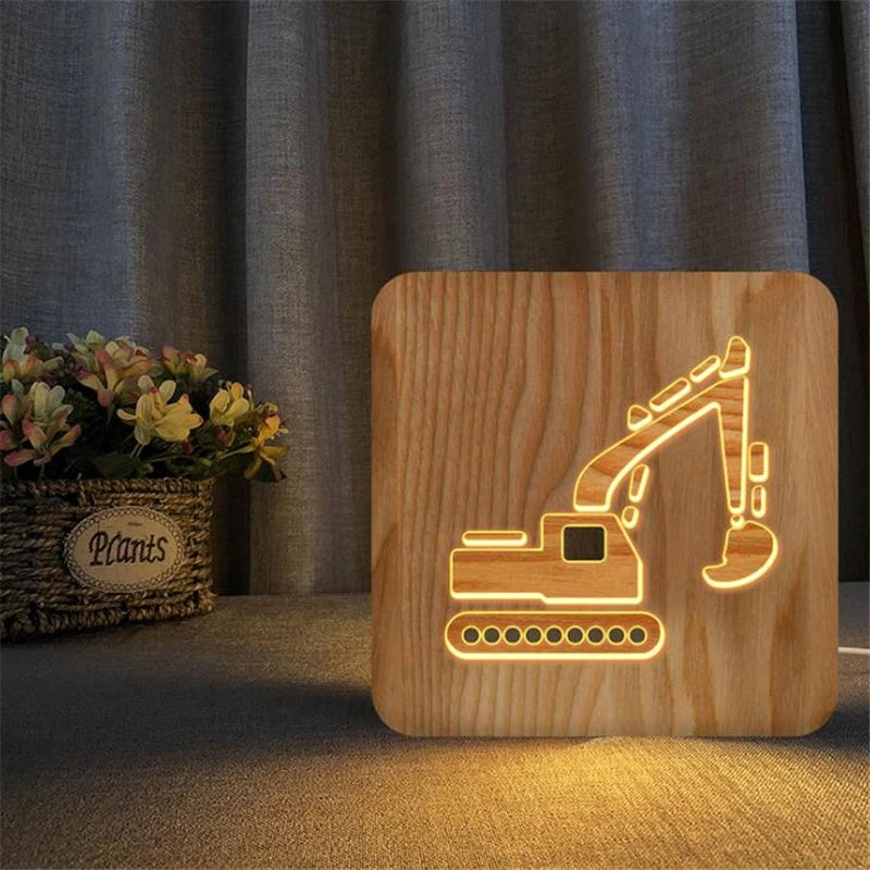 Children's Room LED Night Light – Car & Truck Lamp | Wooden Table Lights with Christmas Van & Excavator Model Decoration