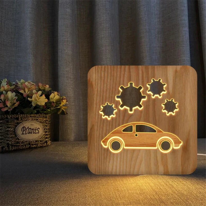 Children's Room LED Night Light – Car & Truck Lamp | Wooden Table Lights with Christmas Van & Excavator Model Decoration