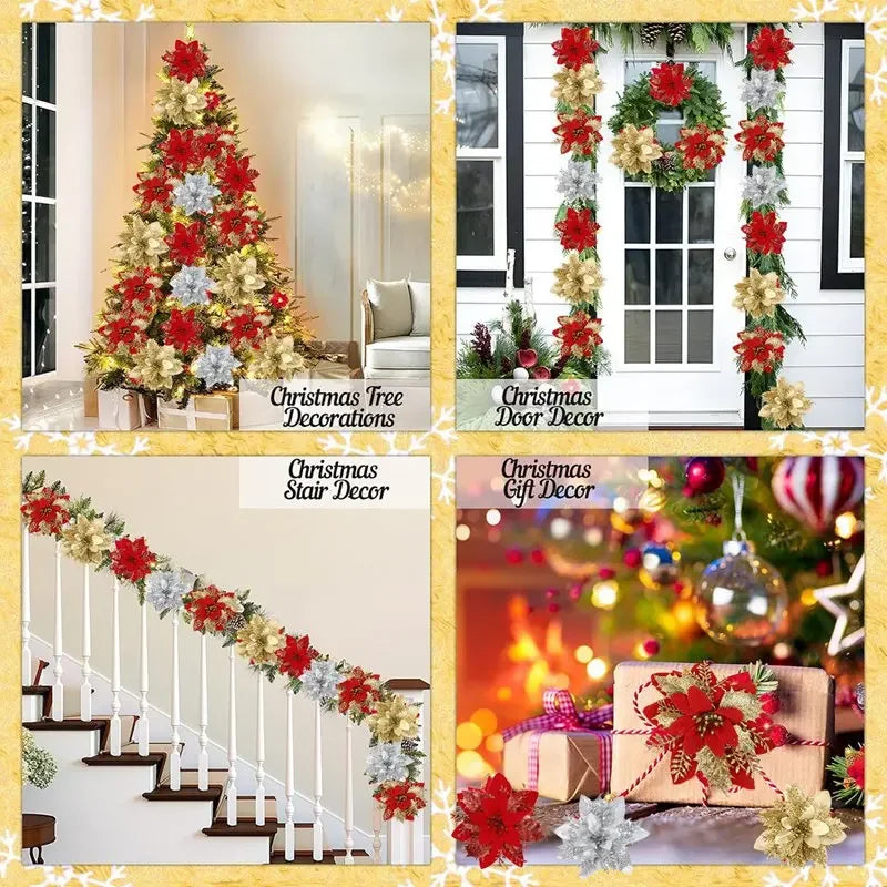 5 Christmas Glitter Artificial Flowers – Tree Hanging Ornaments for Home Decor – 2024 Xmas & New Year Gift