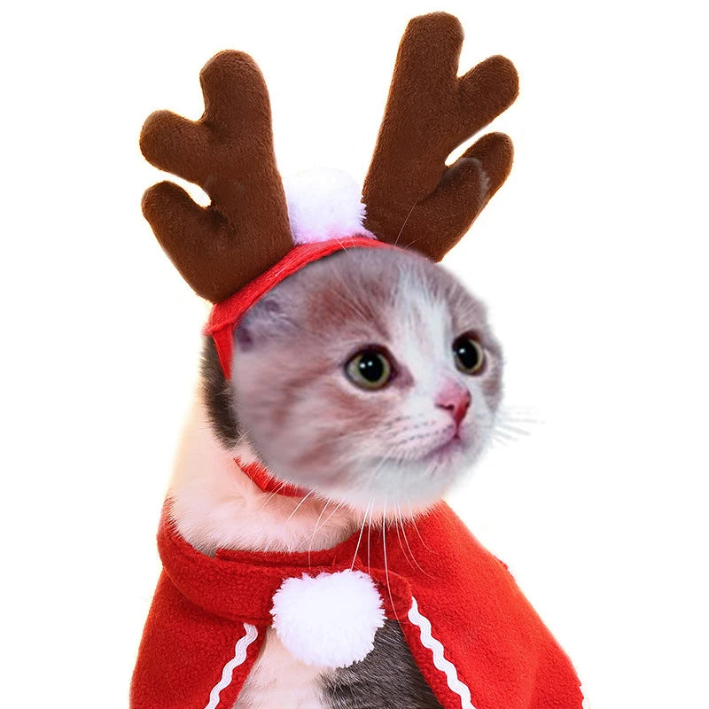 Christmas Pet Supplies – Plush Hat, Antlers Headband, Pearl Crown & Scarf for Cats and Dogs