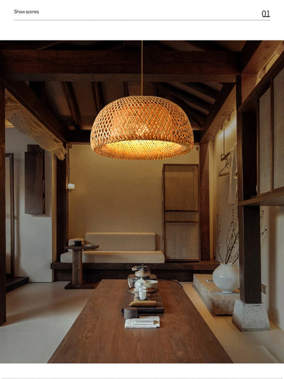 Bamboo Hanging Lamp Pendant Ceiling Light – Rattan Wicker Hand-Knit Braiding Suspended Light for Dining & Home Decor