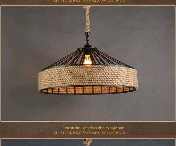 Classical Hemp Rope Pendant Hanging Lamp – Retro Industrial Iron Chandelier for Dining Room Ceiling Light | Antique Style