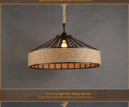 Classical Hemp Rope Pendant Hanging Lamp – Retro Industrial Iron Chandelier for Dining Room Ceiling Light | Antique Style