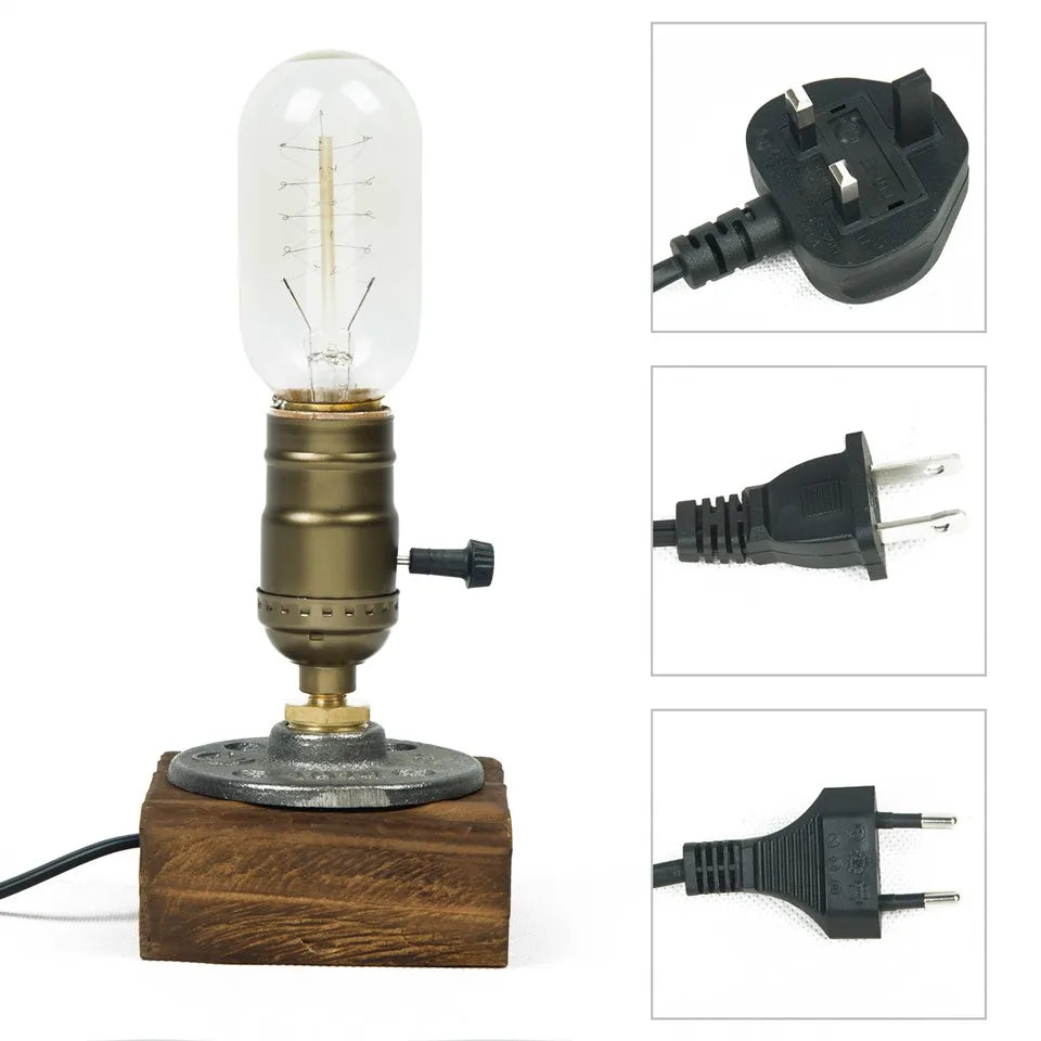 Industrial LED Table Lamp with Switch – Wood Desk Lamp, Retro Home Decor, Creative Art Gift & Night Light