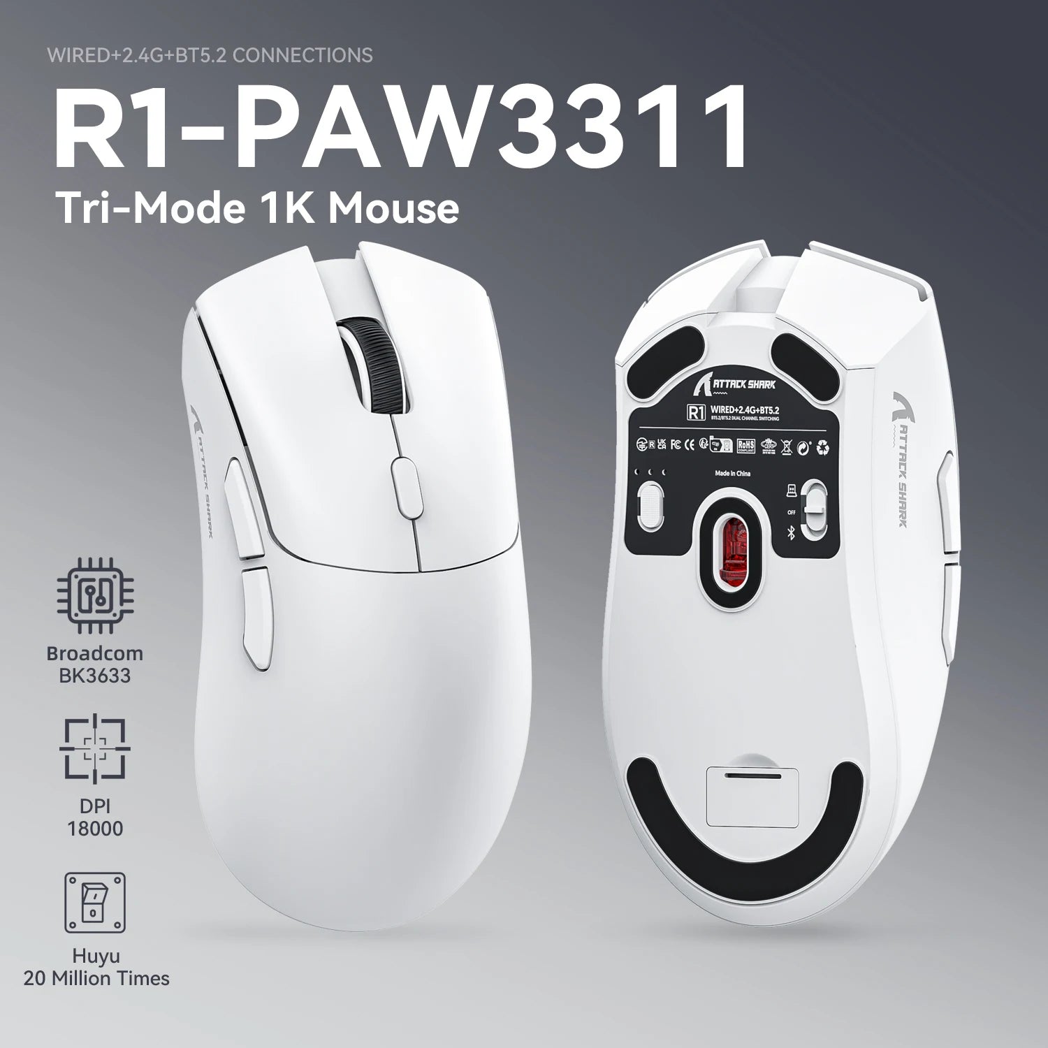 Attack Shark R1 wireless Bluetooth gaming mouse with PAW3311 sensor, ergonomic design, tri-mode connectivity, and rechargeable feature