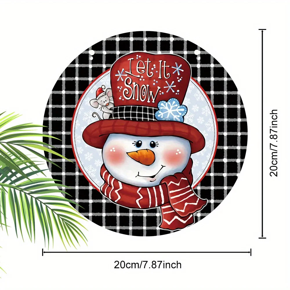 Merry Christmas Black White Plaid Snowman Wreath Sign