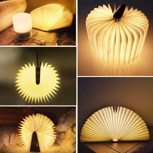 3D folding creative LED night light with RGB color-changing feature, USB rechargeable wooden book lamp for bedroom decor or kids' birthday gift