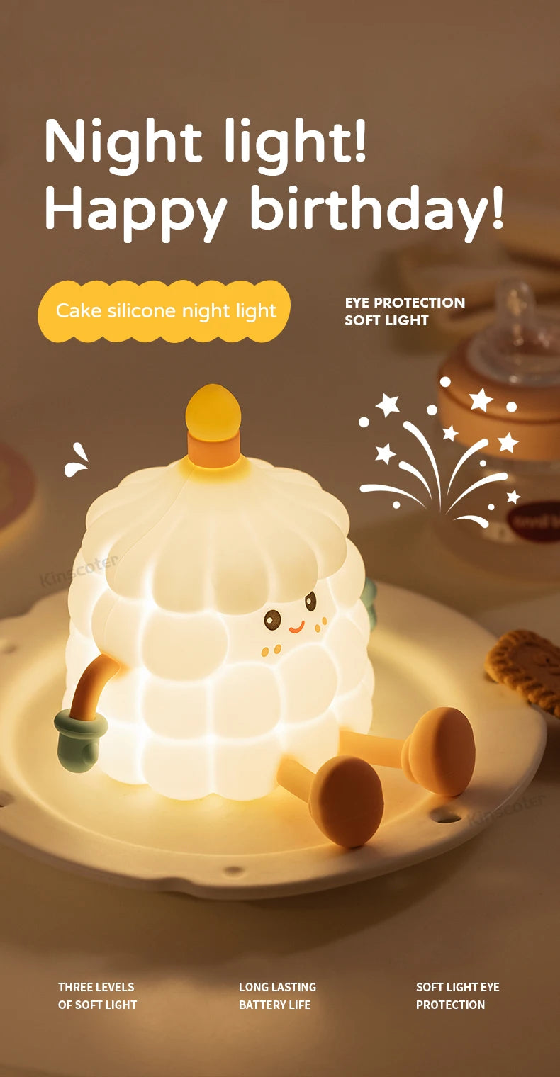 Cake Night Light – Silicone Touch Bedside Lamp for Kids | Kawaii Baby Room Decor & Cartoon Ambient Lighting | Perfect Birthday Gift