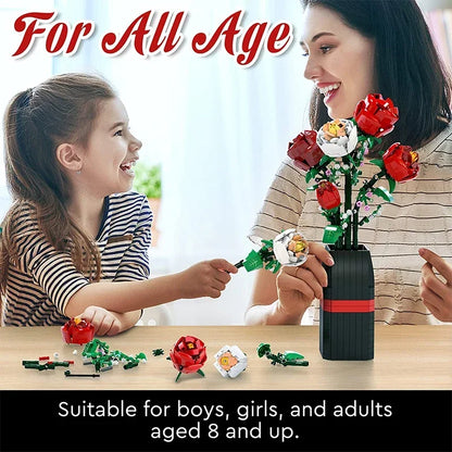 818PCS Flower Bouquet Building Block Set – Red & White Roses in Vase – Christmas Gift