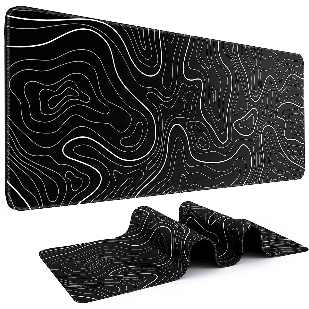 Large Topographic Gaming Mouse Pad 31.5 x 11.8 in | Black & White Keyboard Pad with Anti-Slip Design