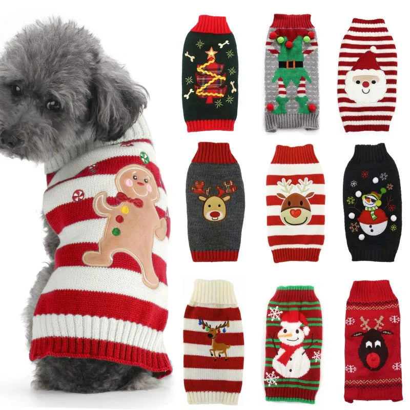 Christmas Dog Sweater – Winter Warm Striped Knitted Outfit for Small Dogs & Puppies