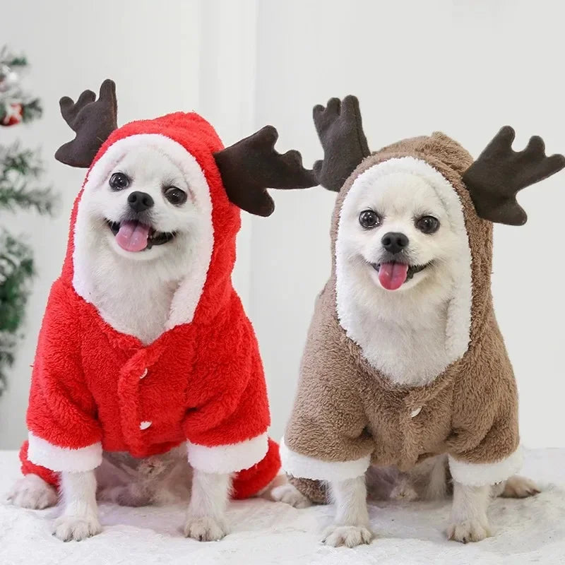 Christmas Dog Clothes – Warm Winter Hoodies for Small & Medium Dogs – Elk & Santa Claus Pet Coat