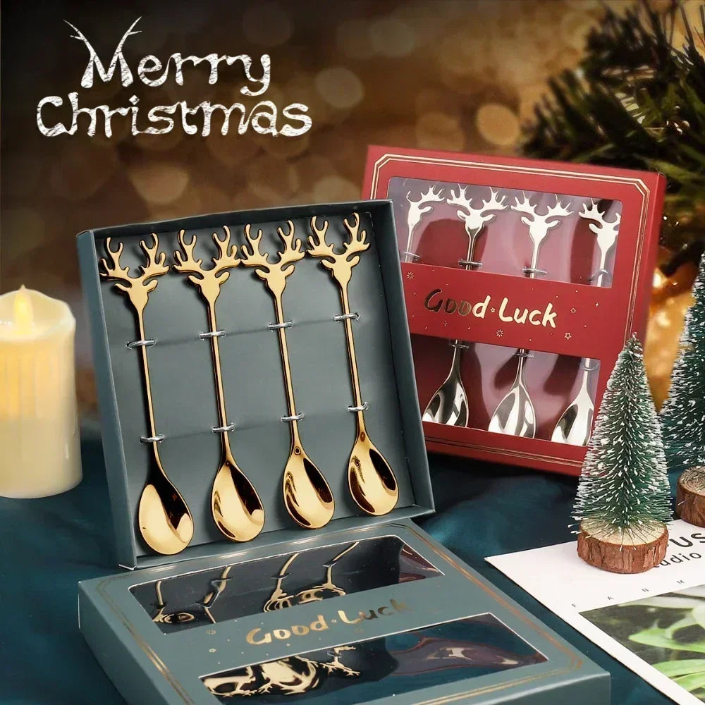 Christmas Elk Head Coffee Spoons – Festive Stainless Steel Table Decor for 2024