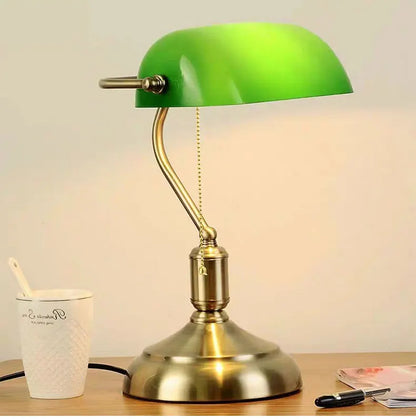 Bank Table Lamp – European Style Glass Lamp with Antique Copper Base | Retro Office Desk & Bedroom Decorative Bedside Lamp