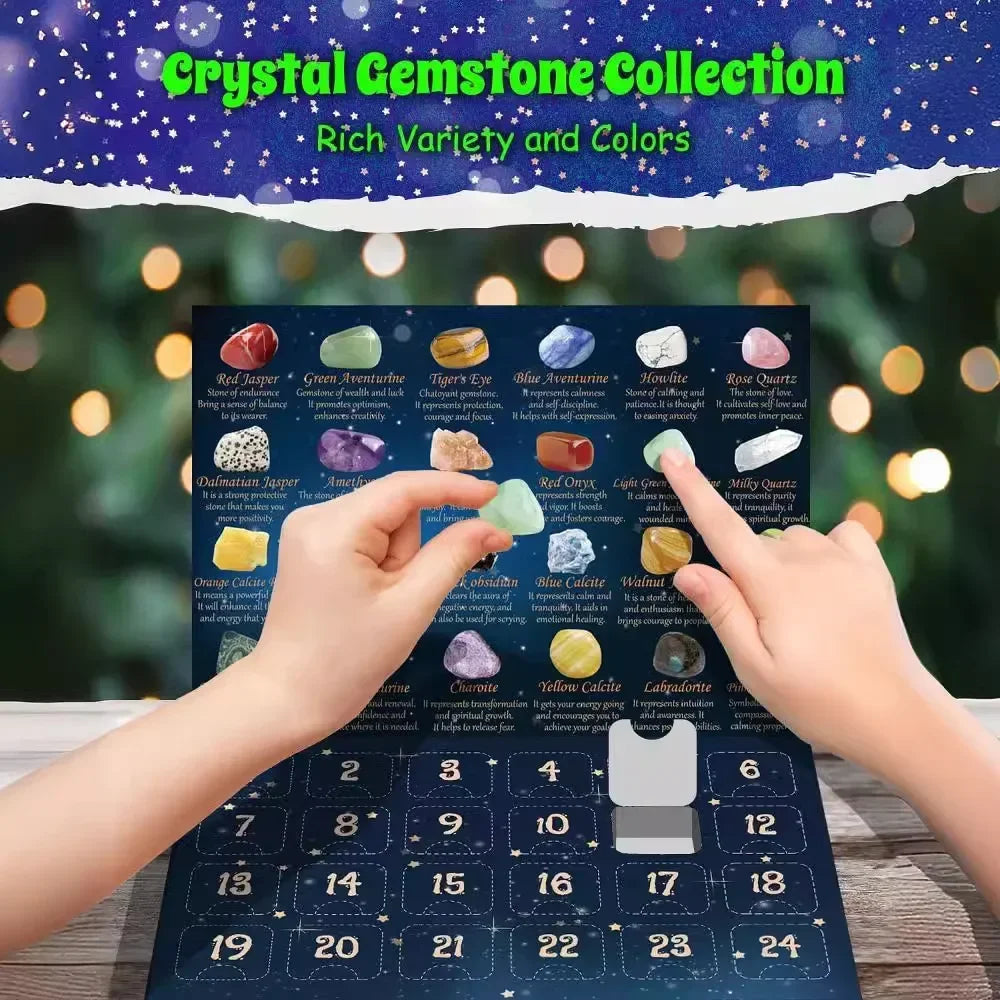 Christmas Advent Calendar with Natural Crystal Gemstones – 24 Days Countdown Box for Kids