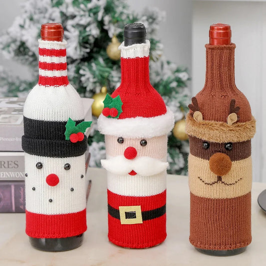 Santa Knitted Wine Bottle Case – Festive Elk & Snowman Decor for Wine & Champagne