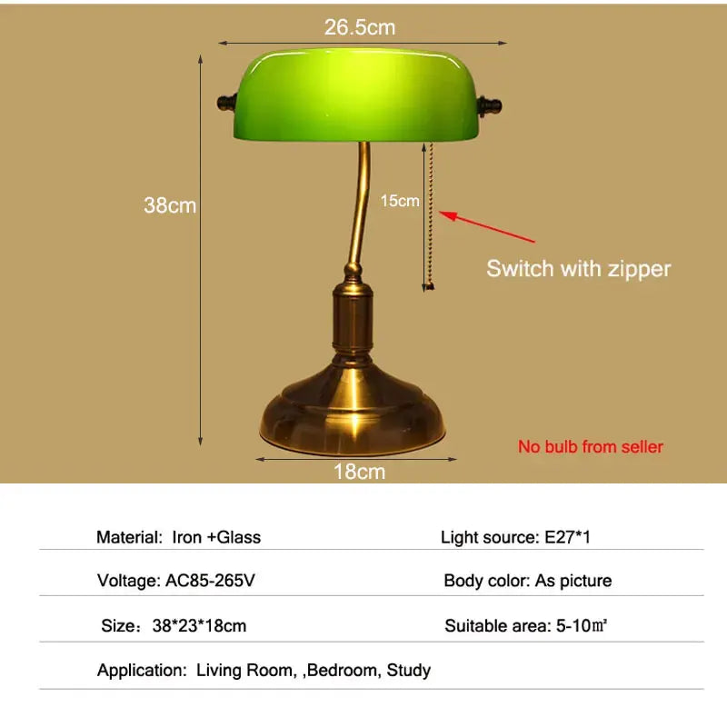 Bank Table Lamp – European Style Glass Lamp with Antique Copper Base | Retro Office Desk & Bedroom Decorative Bedside Lamp