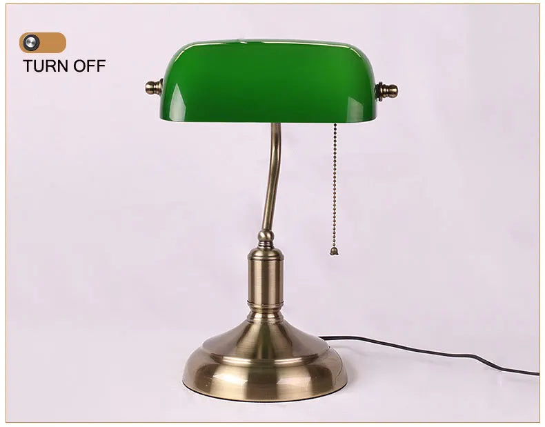 Bank Table Lamp – European Style Glass Lamp with Antique Copper Base | Retro Office Desk & Bedroom Decorative Bedside Lamp