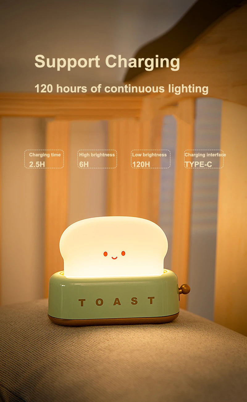 BANDIAN Bread Toast Cartoon LED Night Light – Cute Kawaii Table Lamp with Timer | Portable Tiny Home Decor Light