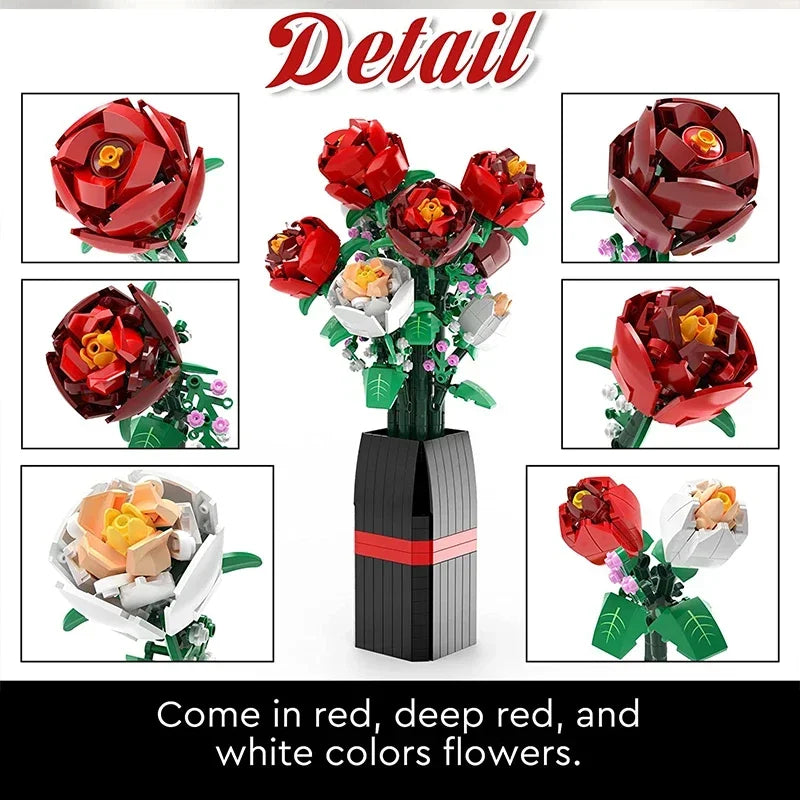 818PCS Flower Bouquet Building Block Set – Red & White Roses in Vase – Christmas Gift