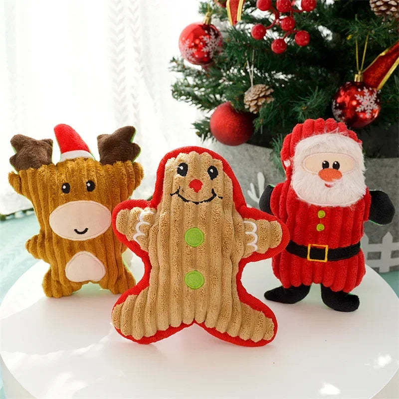 Christmas Dog Chew Toy Set – Plush Santa, Elk, Gingerbread, Donut & More – Squeaky Toys for Pets