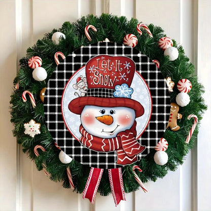 Merry Christmas Black White Plaid Snowman Wreath Sign