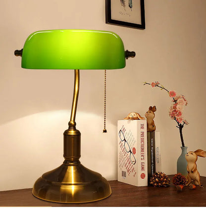 Bank Table Lamp – European Style Glass Lamp with Antique Copper Base | Retro Office Desk & Bedroom Decorative Bedside Lamp