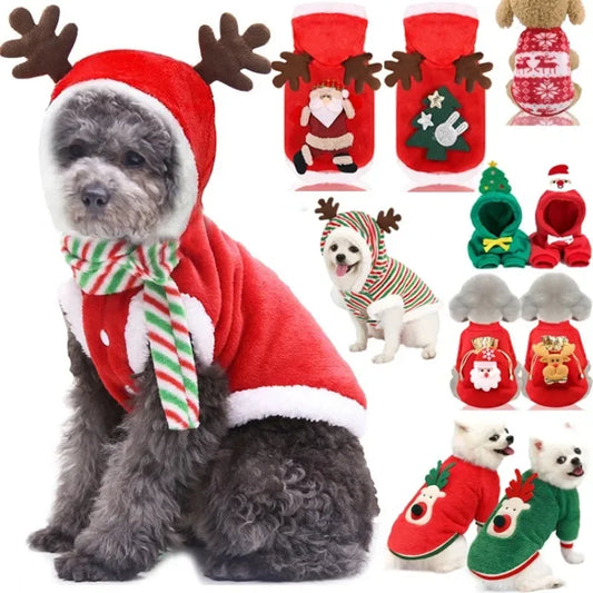 Christmas Dog Clothes – Warm Winter Hoodies for Small & Medium Dogs – Elk & Santa Claus Pet Coat