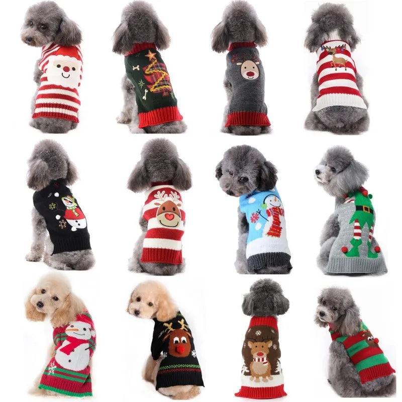 Christmas Dog Sweater – Winter Warm Striped Knitted Outfit for Small Dogs & Puppies