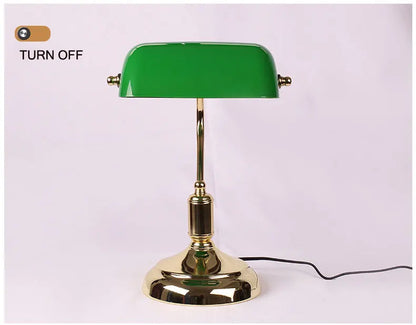 Bank Table Lamp – European Style Glass Lamp with Antique Copper Base | Retro Office Desk & Bedroom Decorative Bedside Lamp