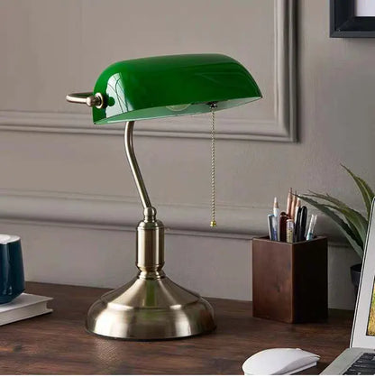 Bank Table Lamp – European Style Glass Lamp with Antique Copper Base | Retro Office Desk & Bedroom Decorative Bedside Lamp