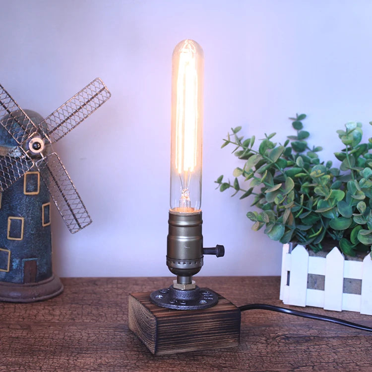 Industrial LED Table Lamp with Switch – Wood Desk Lamp, Retro Home Decor, Creative Art Gift & Night Light