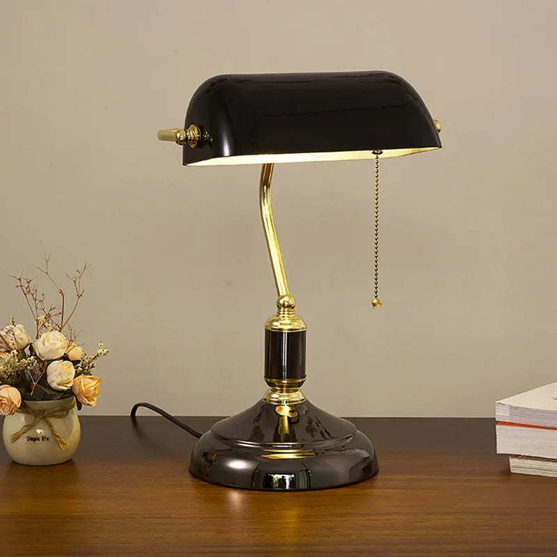 Bank table lamp with European style glass design and antique copper base, retro desk lamp for office, bedroom, and living room decor