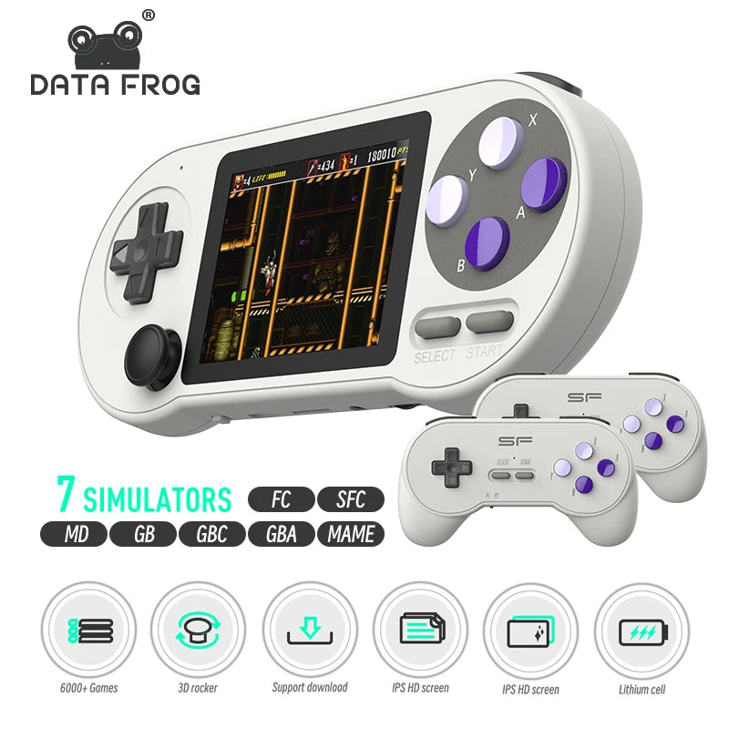 DATA FROG SF2000 portable handheld game console, 3 inch IPS screen, built-in 6000 retro games, gaming console for kids