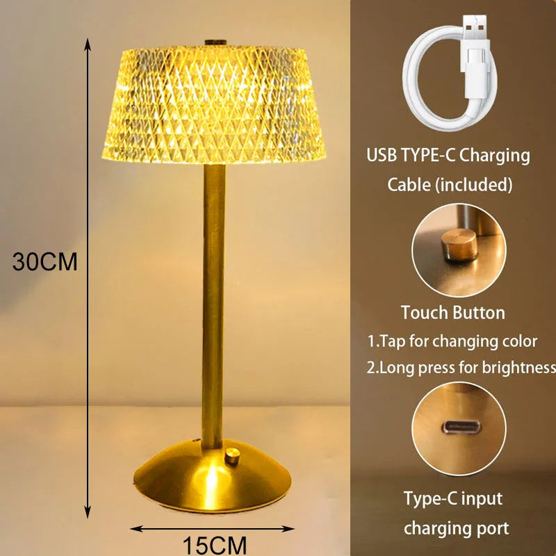 Crystal Table Lamp – Diamond Retro LED Desk Lamp | USB Rechargeable Eye Protection Night Light for Bedroom, Hotel, Office & Wedding