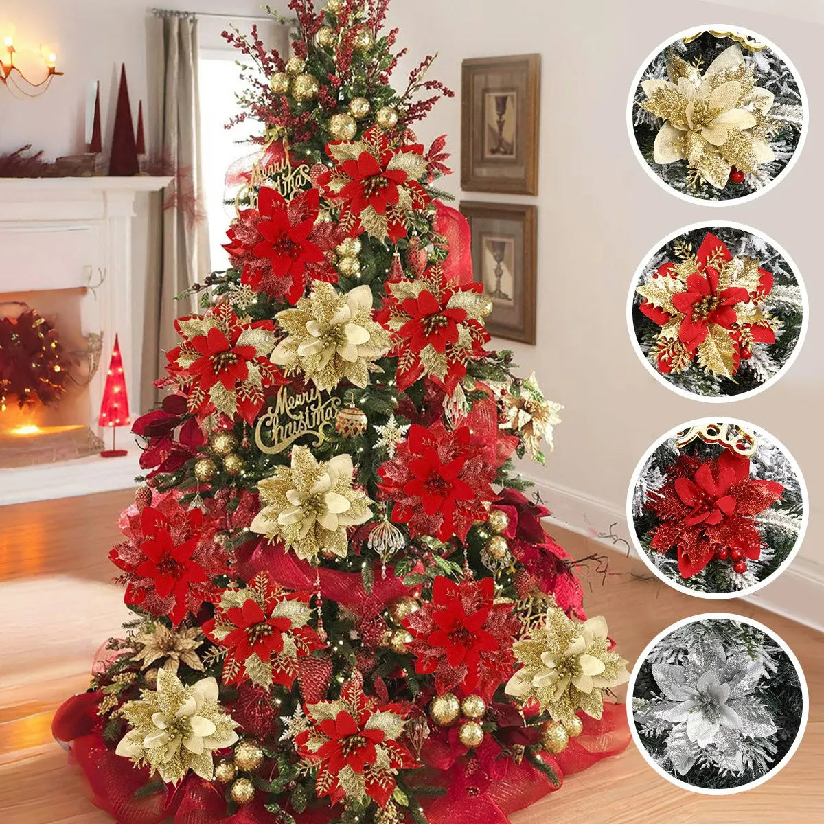 5 Christmas Glitter Artificial Flowers – Tree Hanging Ornaments for Home Decor – 2024 Xmas & New Year Gift