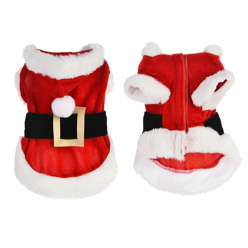 Santa Christmas Costume for Pets – Winter Hooded Coat for Small Dogs & Cats