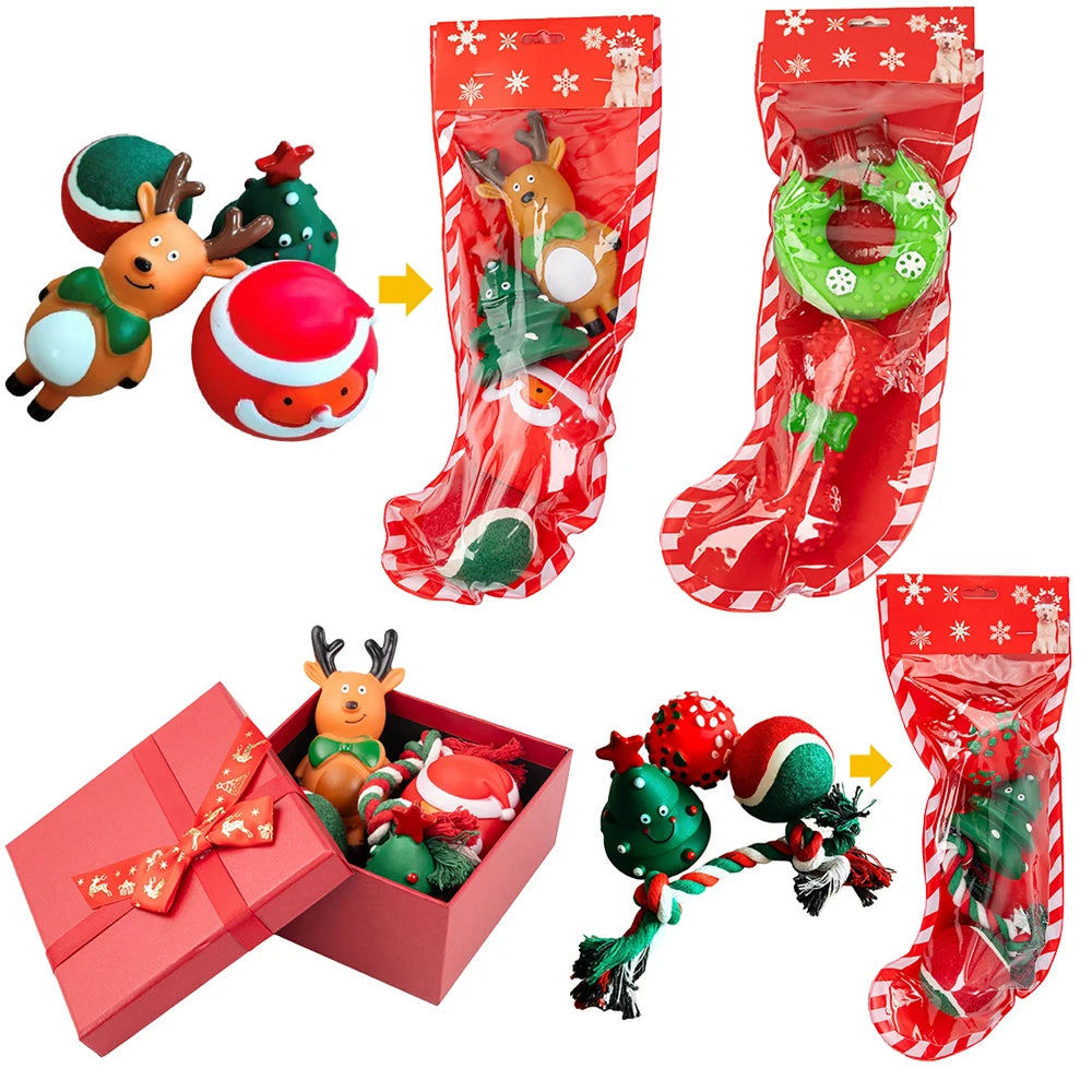 Christmas Dog Toy Stocking Set – Puppy Rope, Santa, Elk, Chew & Squeaky Toys