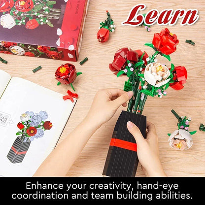 818PCS Flower Bouquet Building Block Set – Red & White Roses in Vase – Christmas Gift