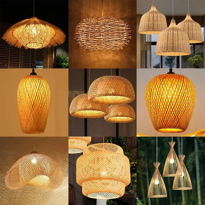 Bamboo hanging pendant light with rattan wicker and hand-knit braiding, suspended ceiling light for home dining decor