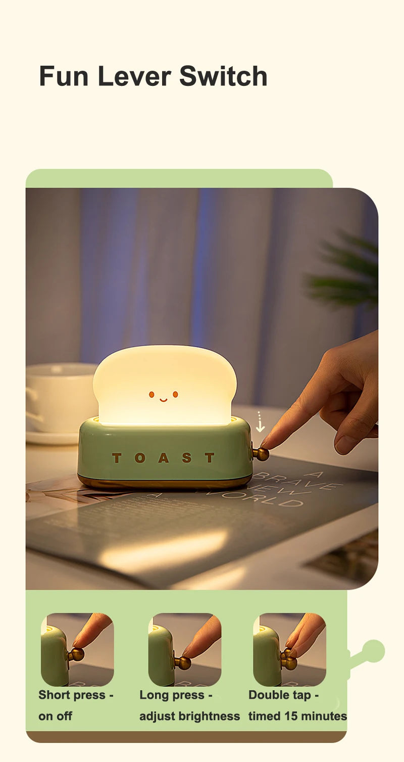 BANDIAN Bread Toast Cartoon LED Night Light – Cute Kawaii Table Lamp with Timer | Portable Tiny Home Decor Light