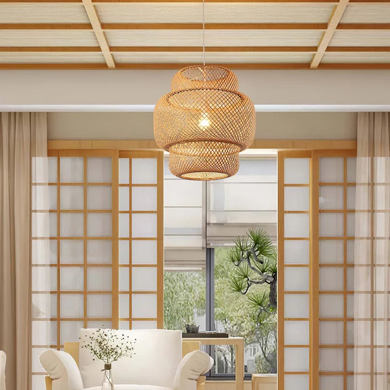 Bamboo Hanging Lamp Pendant Ceiling Light – Rattan Wicker Hand-Knit Braiding Suspended Light for Dining & Home Decor