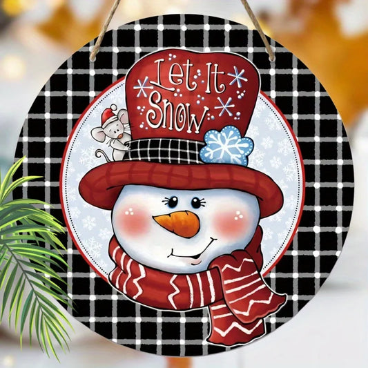 Merry Christmas Black White Plaid Snowman Wreath Sign