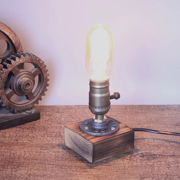 Industrial LED Table Lamp with Switch – Wood Desk Lamp, Retro Home Decor, Creative Art Gift & Night Light