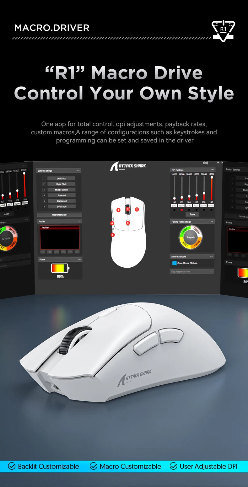 Attack Shark R1 Wireless Bluetooth Gaming Mouse – PAW3311 Sensor, 1000Hz Return Rate, Tri-Mode, Ergonomic, Rechargeable