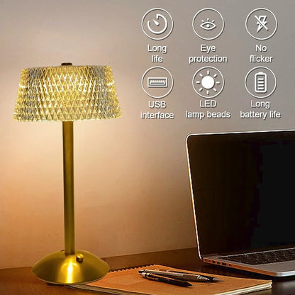 Crystal Table Lamp – Diamond Retro LED Desk Lamp | USB Rechargeable Eye Protection Night Light for Bedroom, Hotel, Office & Wedding