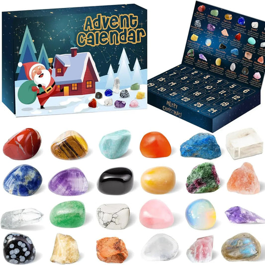 Christmas Advent Calendar with Natural Crystal Gemstones – 24 Days Countdown Box for Kids