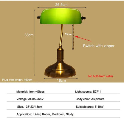 Bank Table Lamp – European Style Glass Lamp with Antique Copper Base | Retro Office Desk & Bedroom Decorative Bedside Lamp